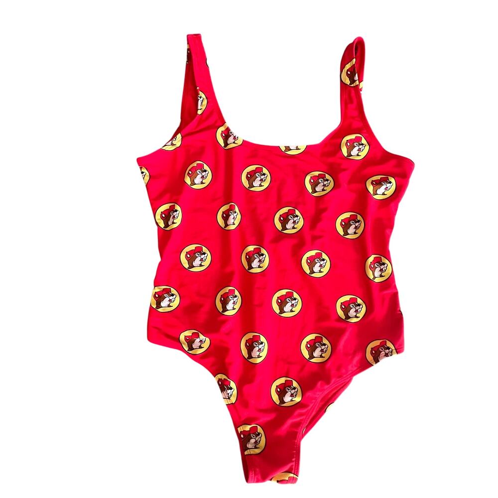 Buc-ees Red One-Piece Swimsuit Womens L Mascot Print Stretch Beach Bathing Suit